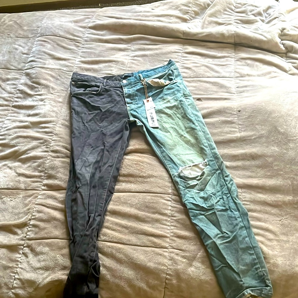 These are purple jeans and they are green and gray